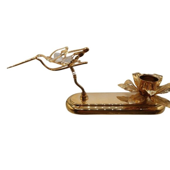 Vintage Austrian Crystal Delight 24K Gold Plated Hummingbird & Flower Candle Hol - Picture 2 of 5